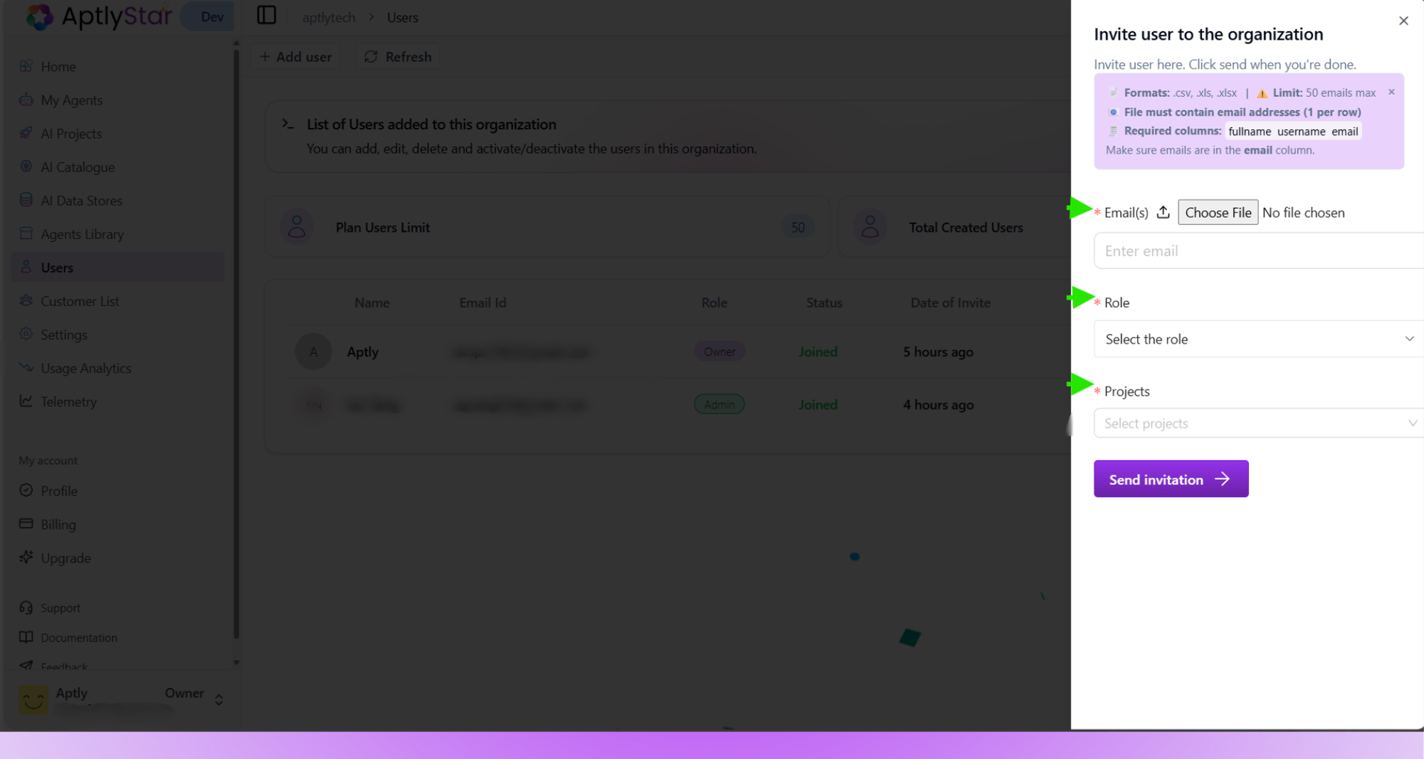 Send invitation popup