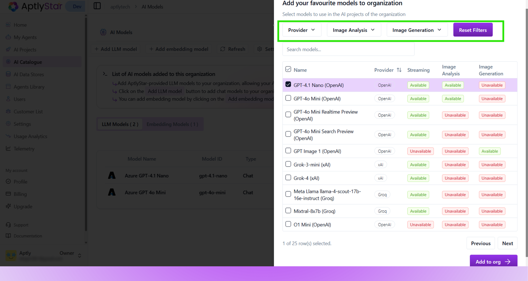 Select AI Models with Provider and Image Analysis Filters