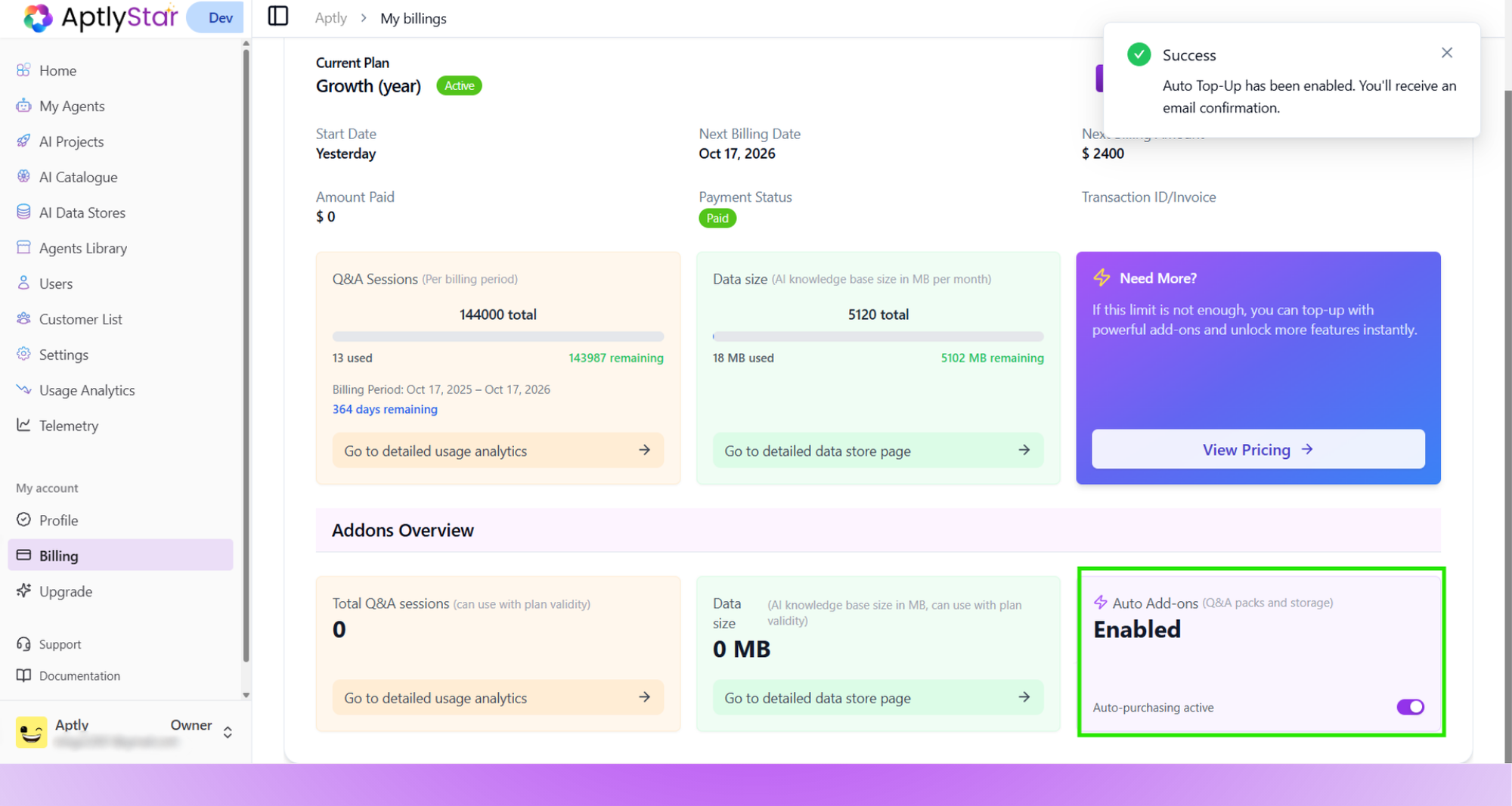 Billing: Auto Add-ons view