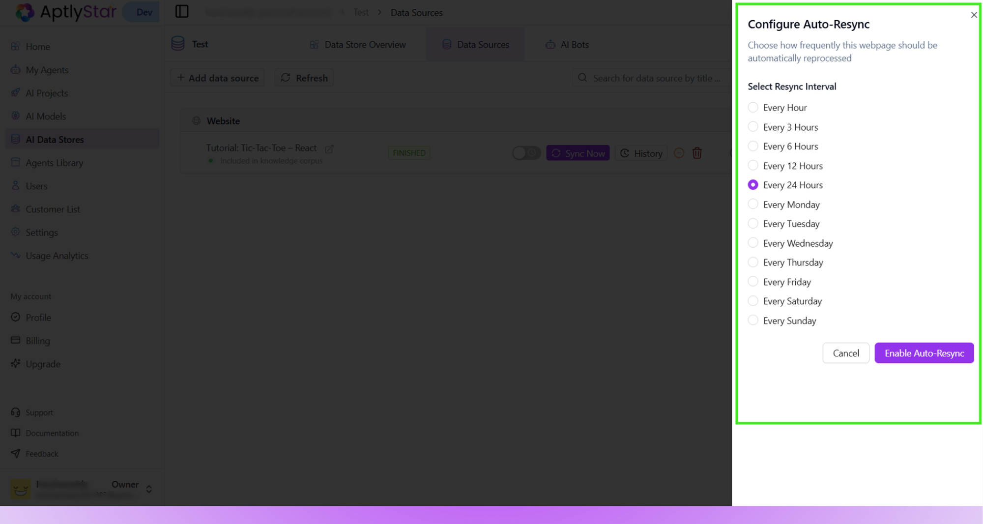 Configure sync schedule for webpage