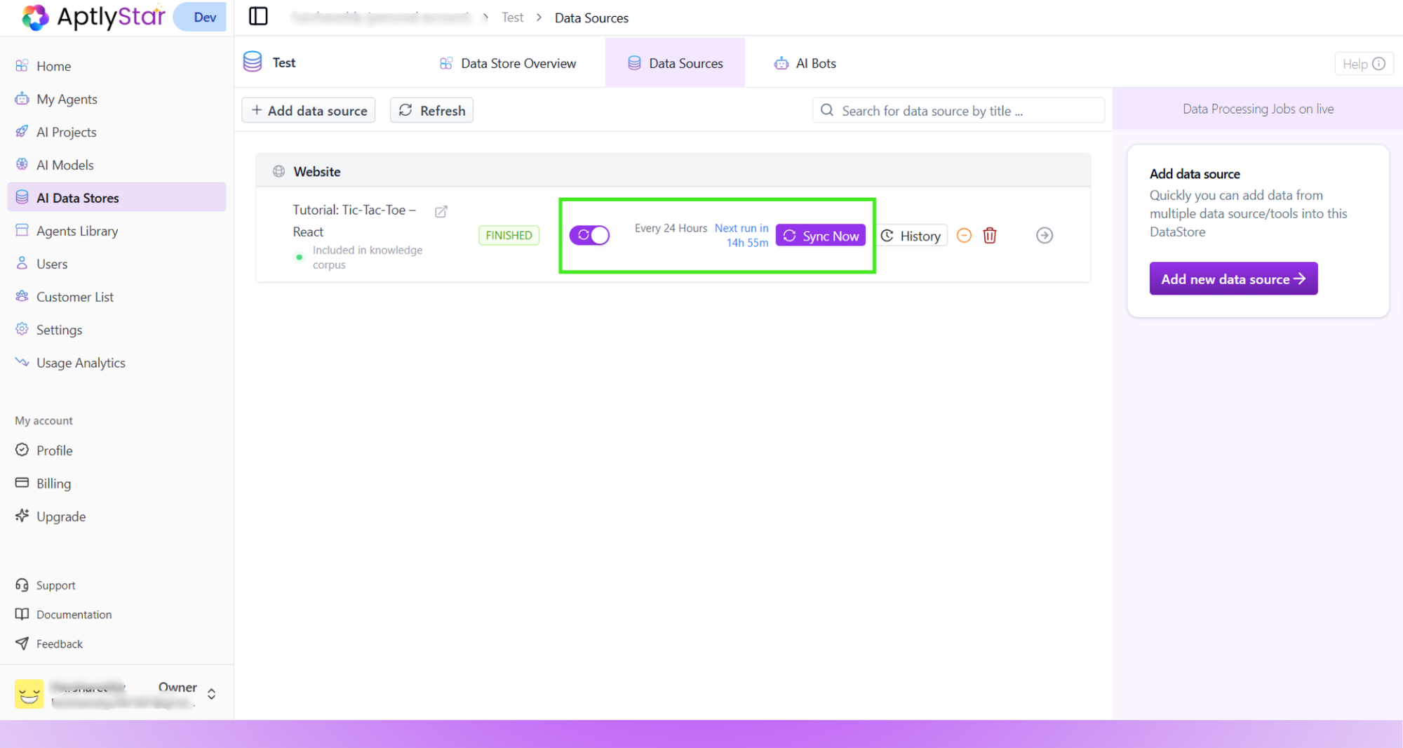 Manual sync now option on the data source card