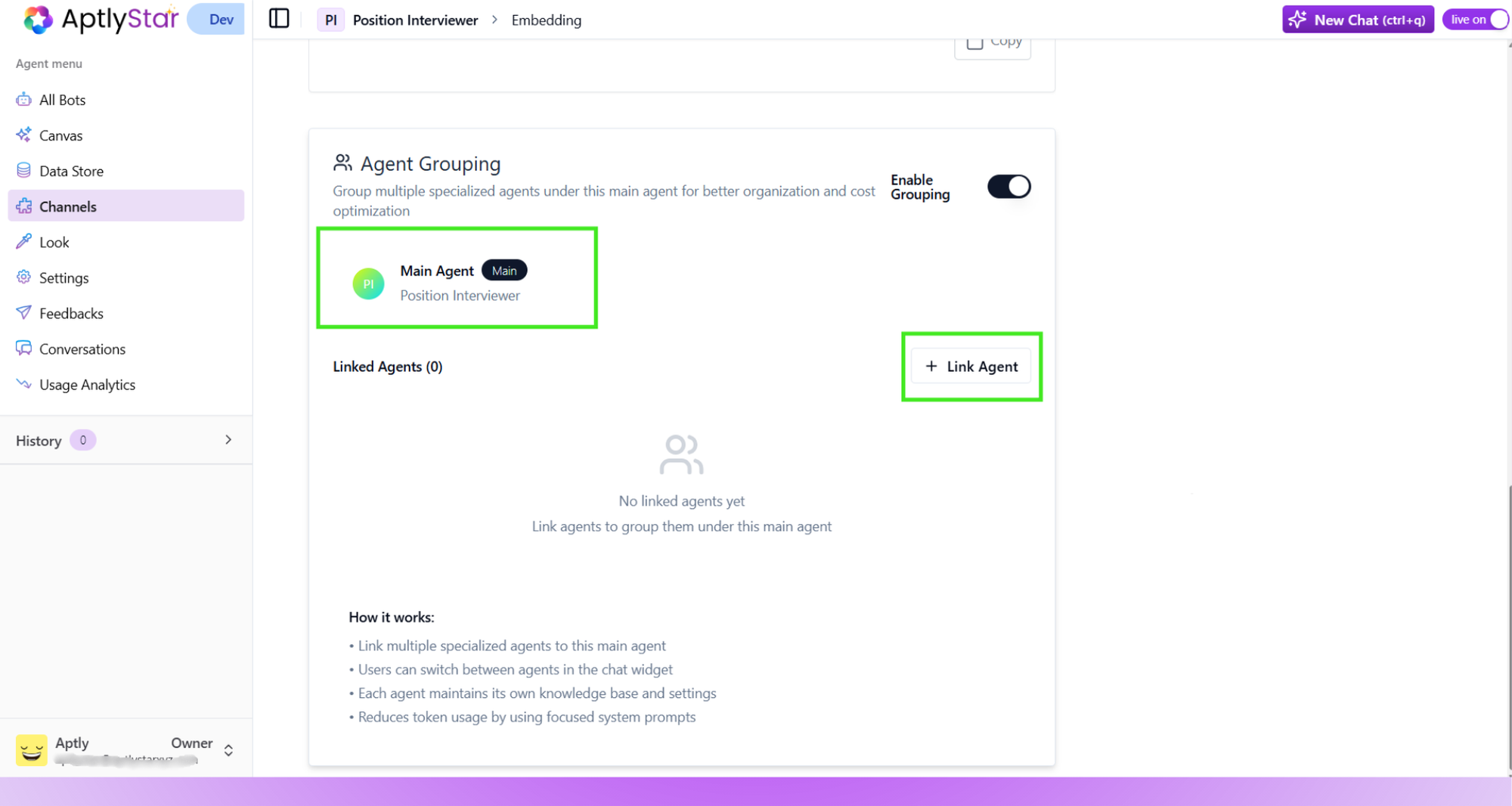 Enable Grouping: Toggle to activate agent grouping mode