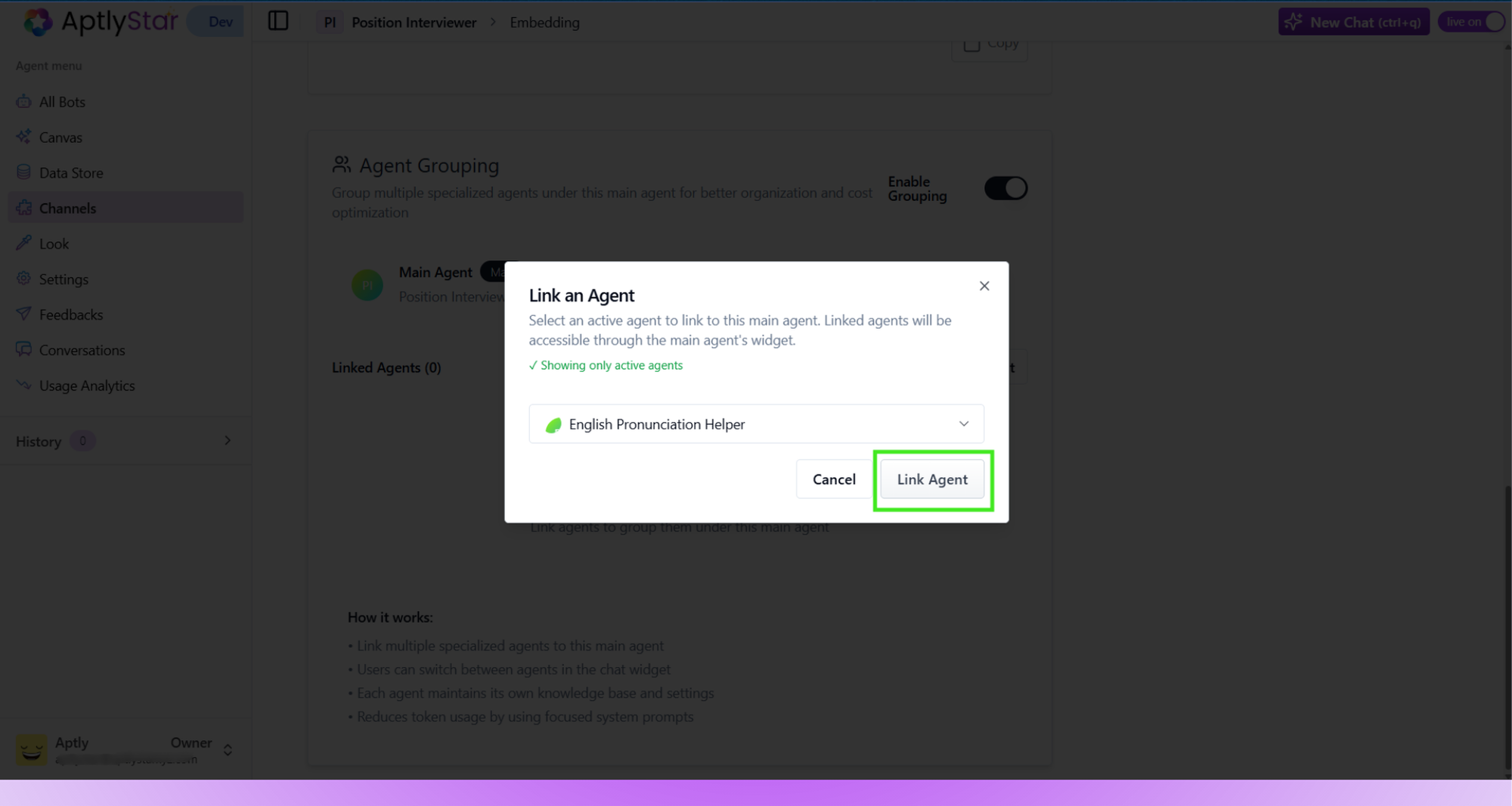 Dropdown: Select which agents to group under the Main Agent