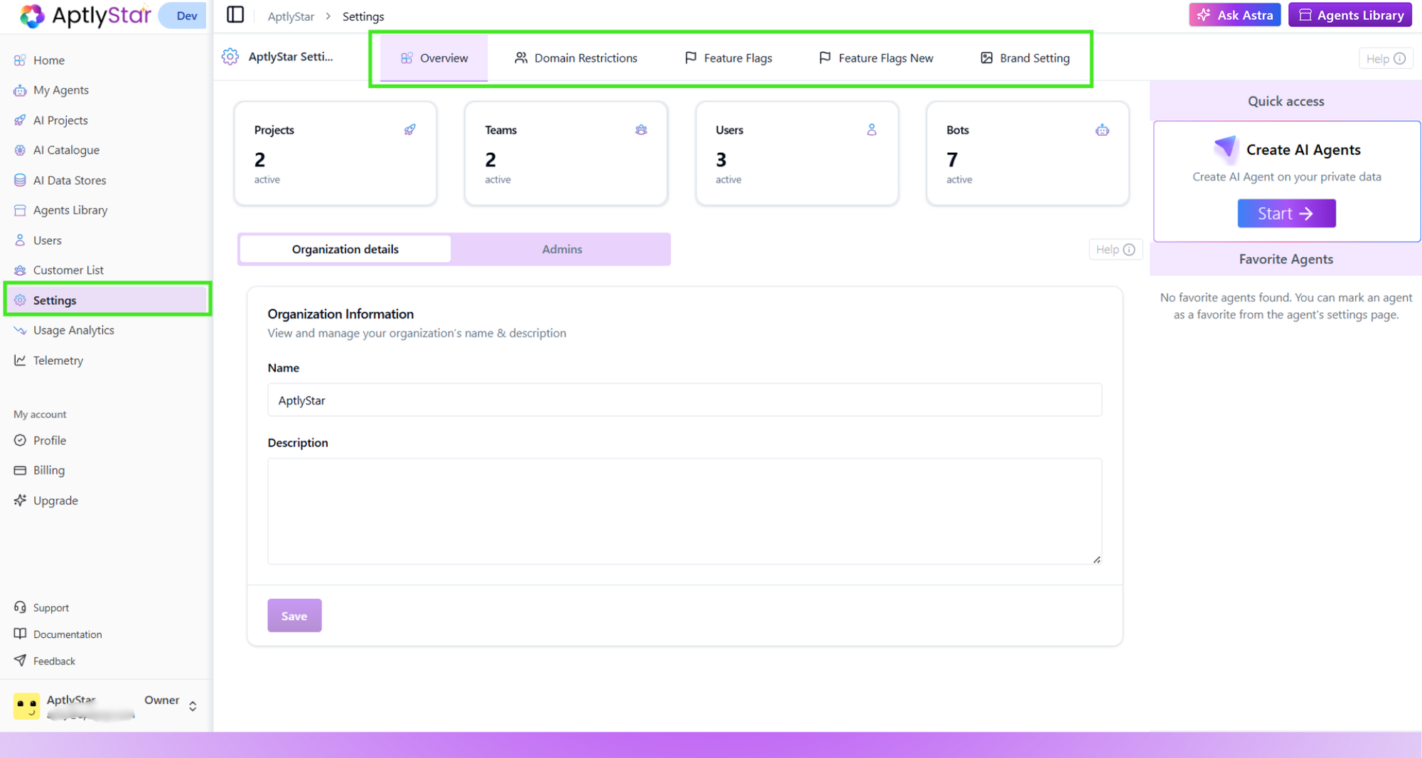 Settings overview screen