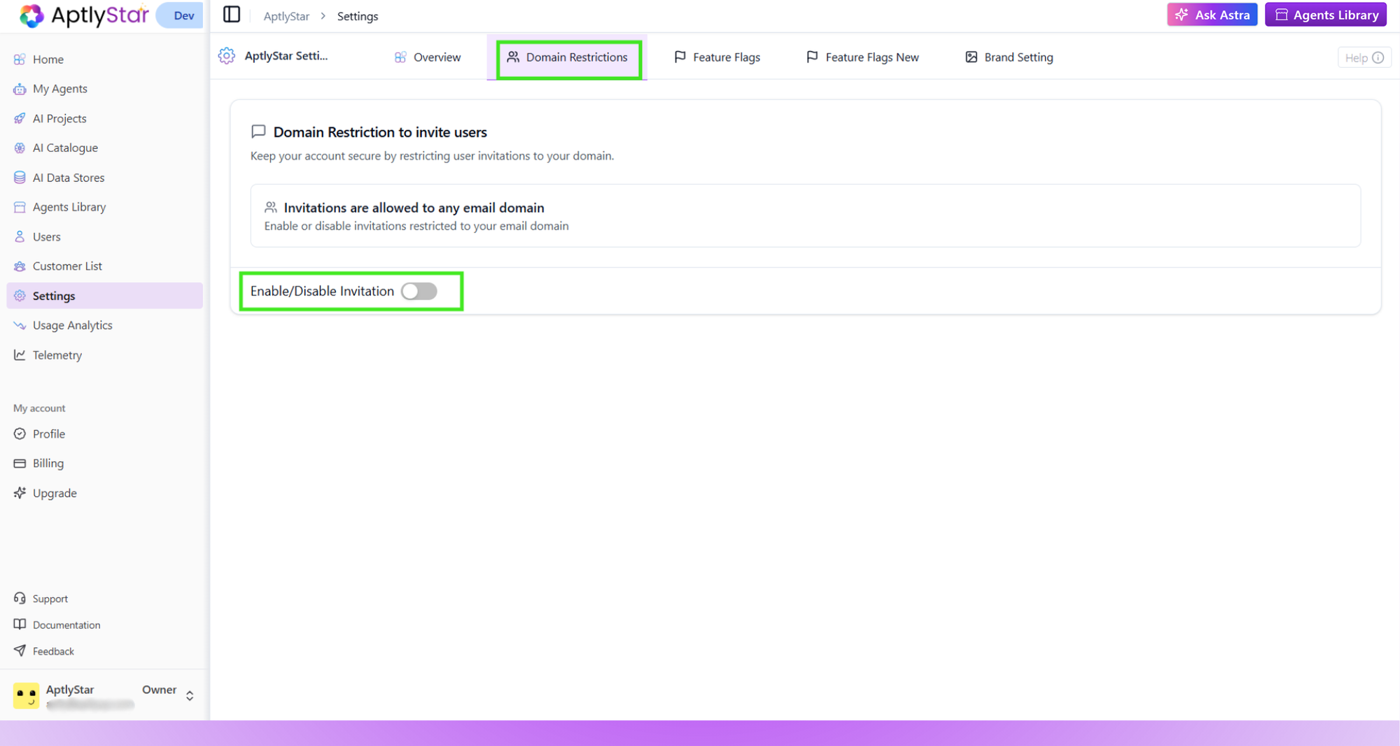 Domain restriction toggle