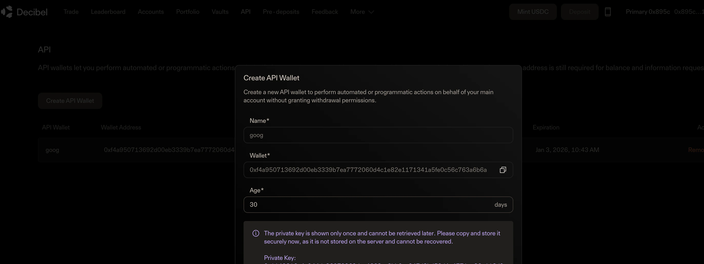 Create API Wallet Example