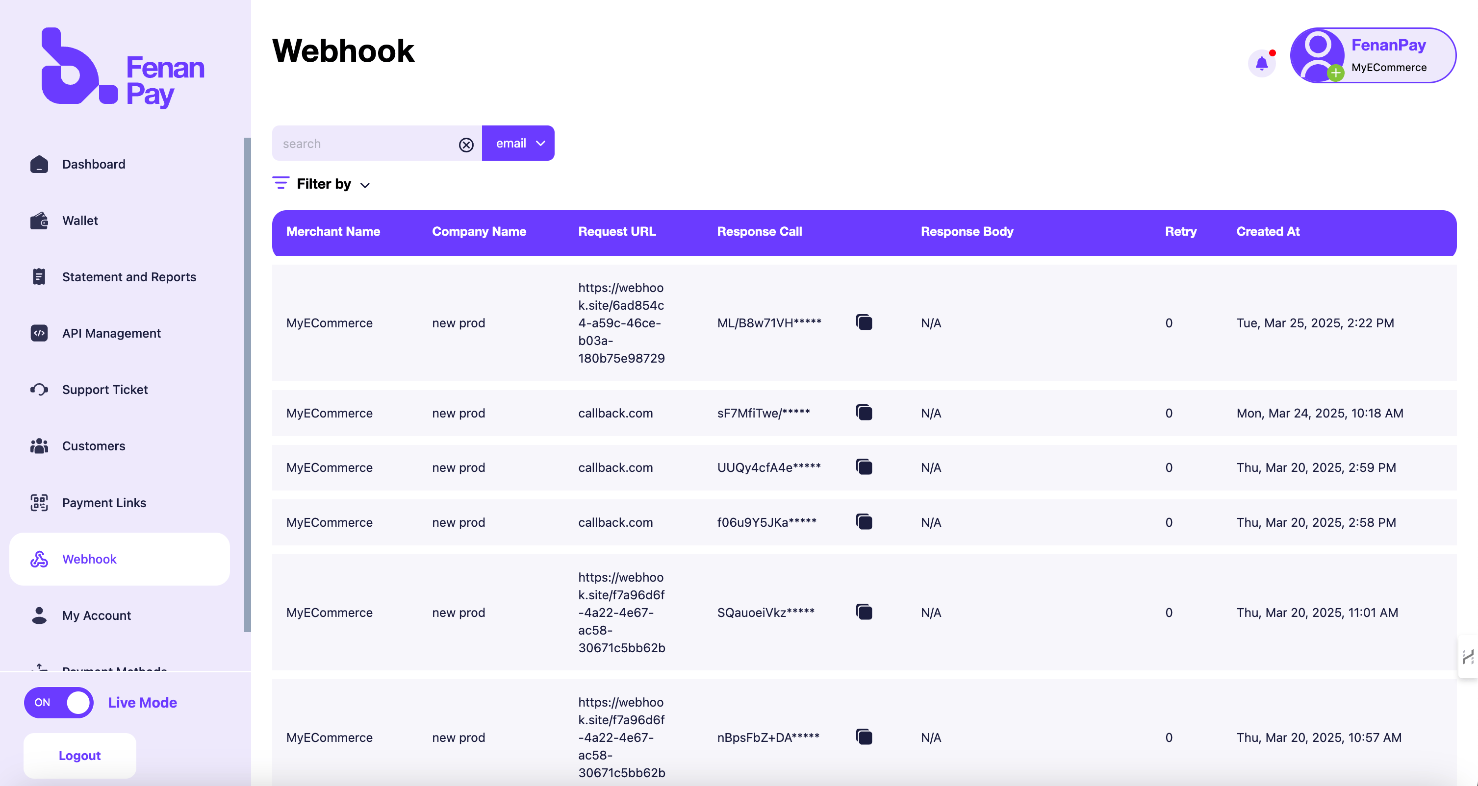 Webhook Log in Dashboard