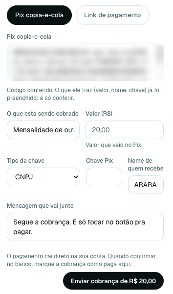 Painel de nova cobrança na caixa de Conversas do dashboard da Arara
