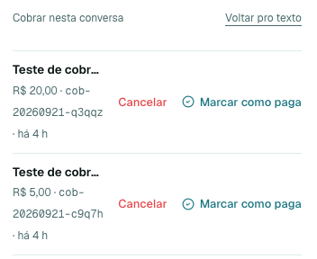 Lista de cobranças em aberto de um contato, com ações de baixa