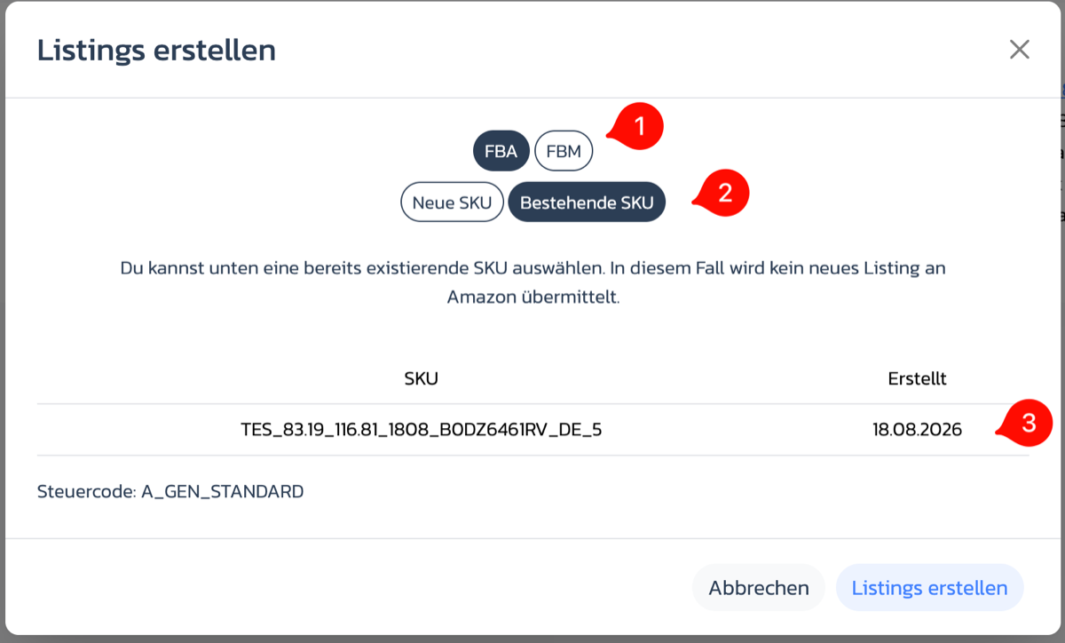Versandkanal sowie neue oder bestehende SKU auswählen