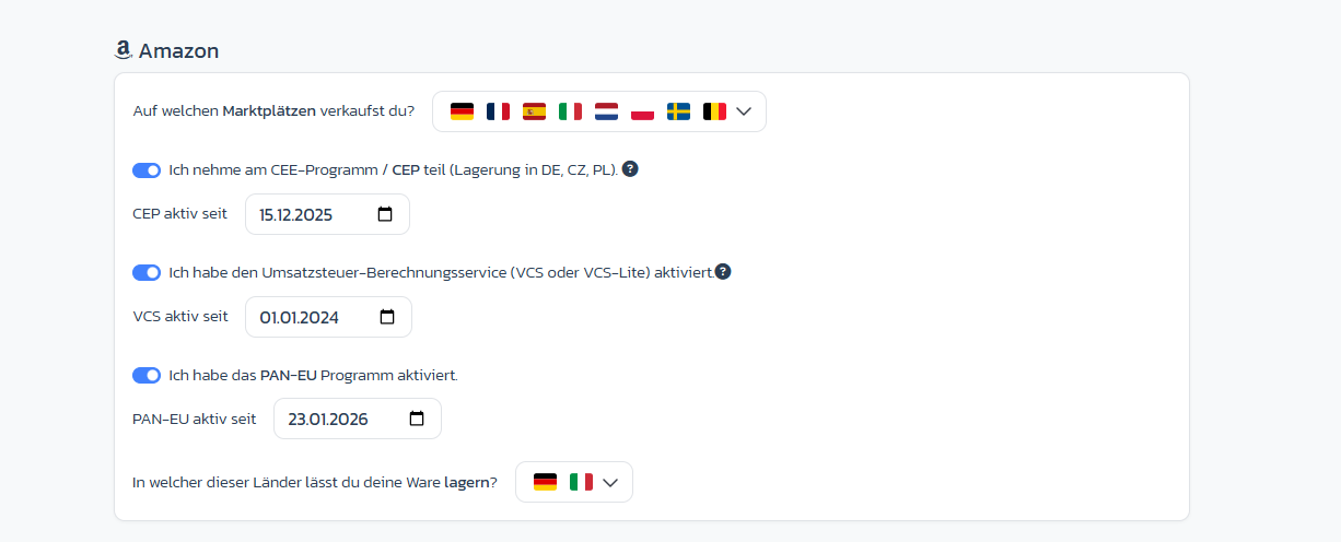 Amazon card with marketplace selection, CEE/VCS/PAN-EU toggles and storage country selection