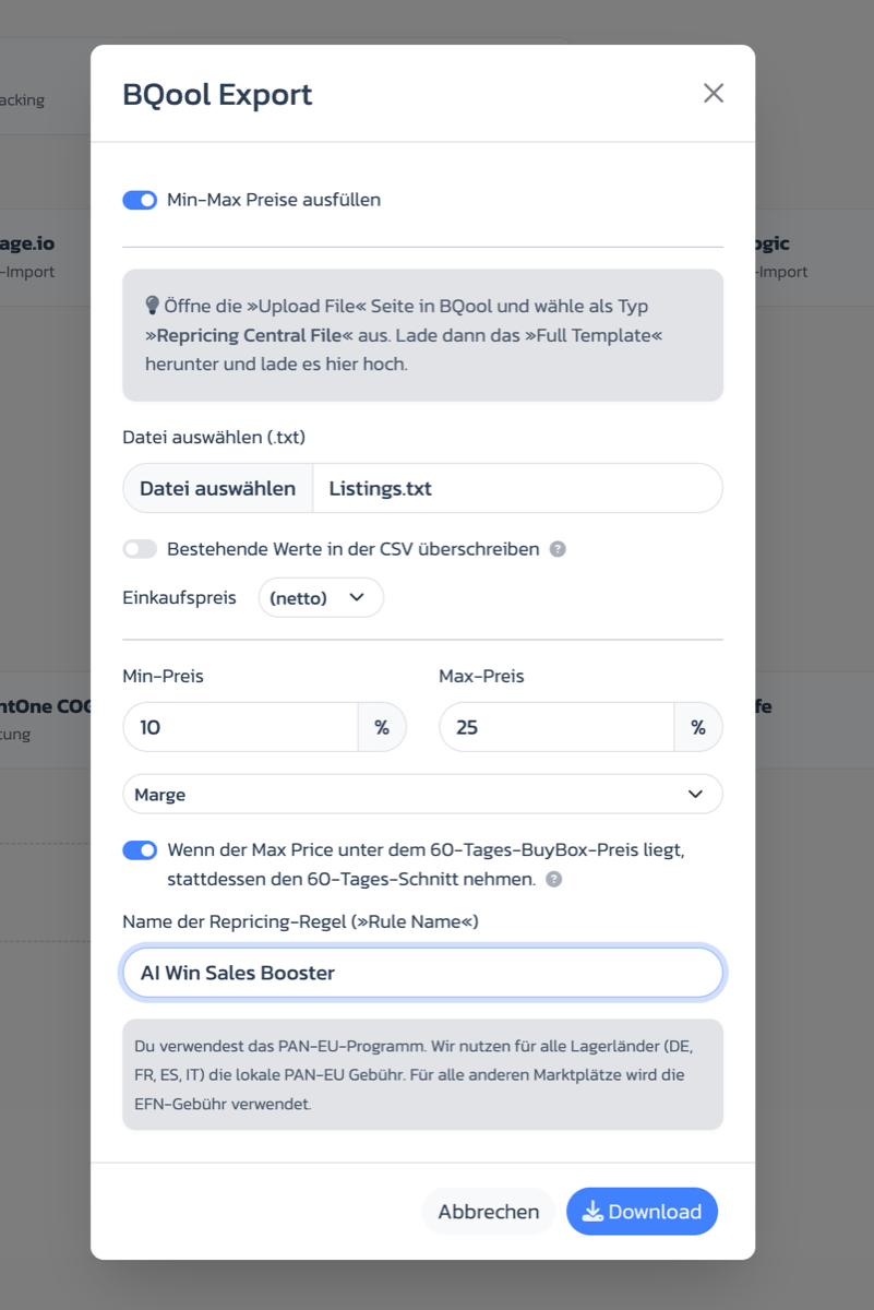 BQool-Export mit Einkaufspreis, Min.- und Max.-Preis sowie Regel konfigurieren