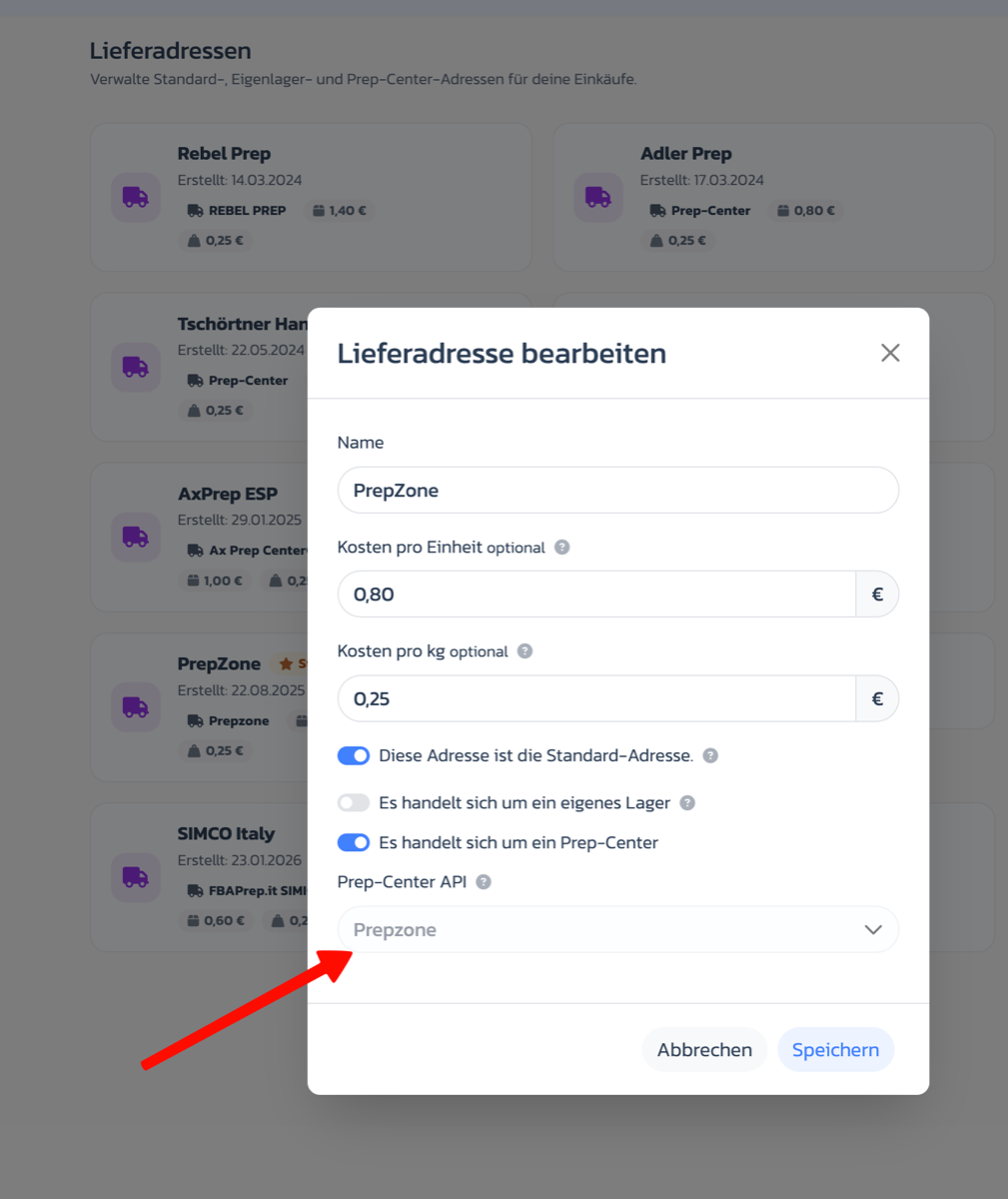 Prep-Center-API einer Lieferadresse zuordnen
