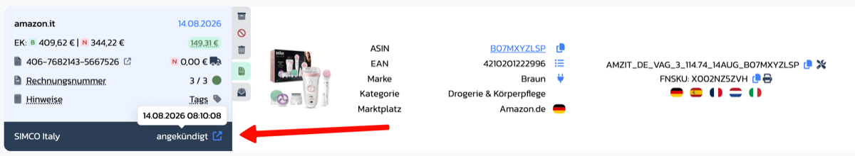Erfolgreich angekündigter Einkauf mit Zeitstempel