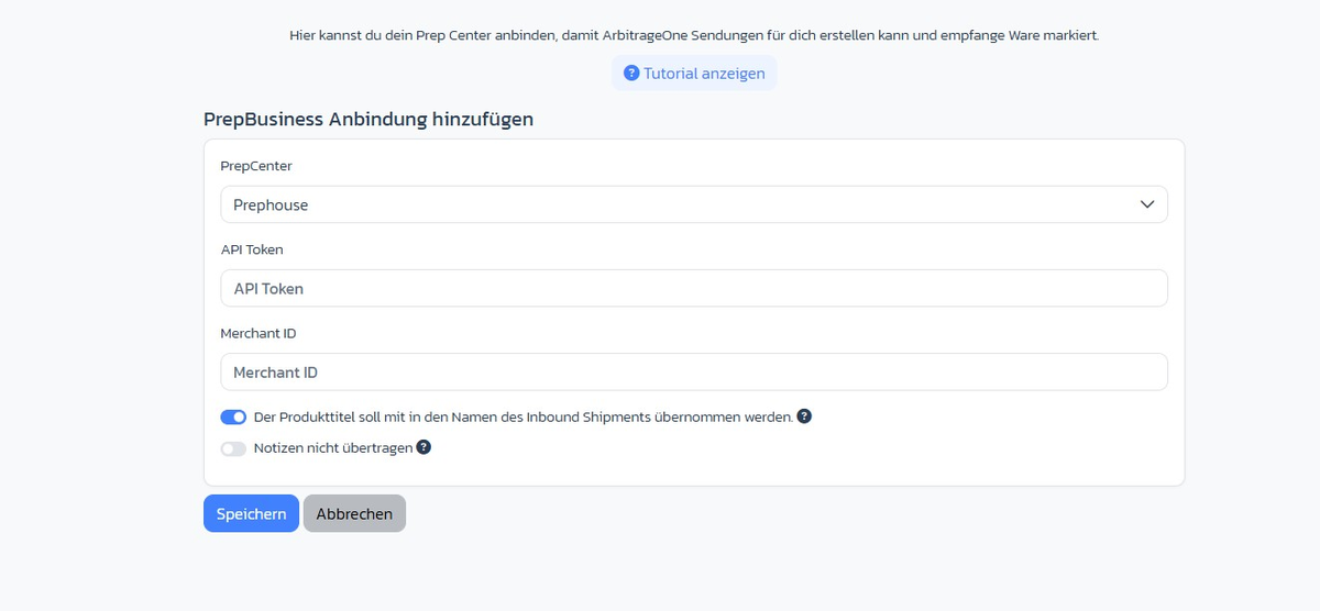 PrepBusiness connection form with API token, merchant ID and transfer toggles