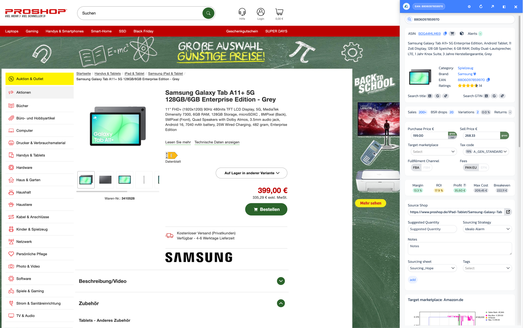 Shop product page with the A1 Analyzer sidebar open