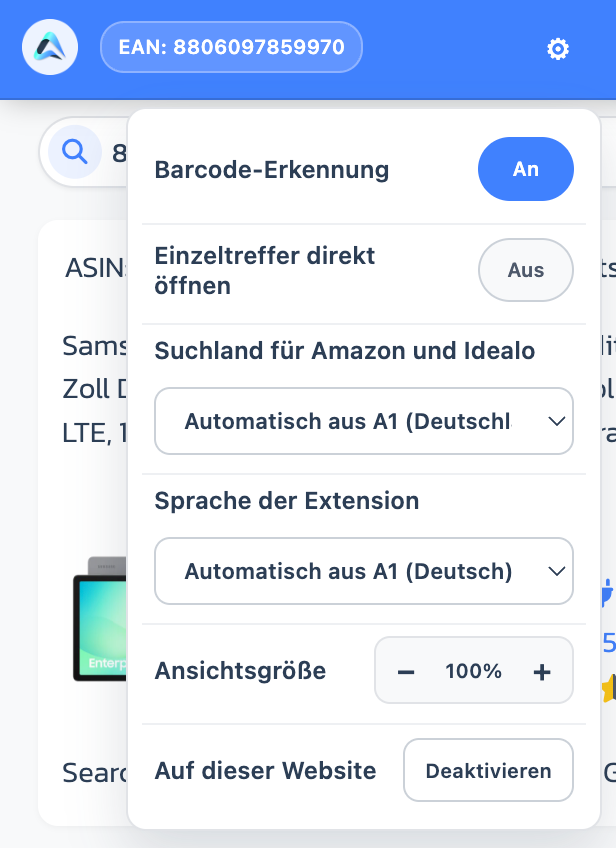 Geöffnetes Einstellungsmenü der A1 Analyzer Chrome Extension