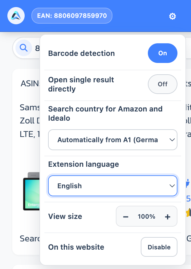 Settings menu of the A1 Analyzer Chrome Extension