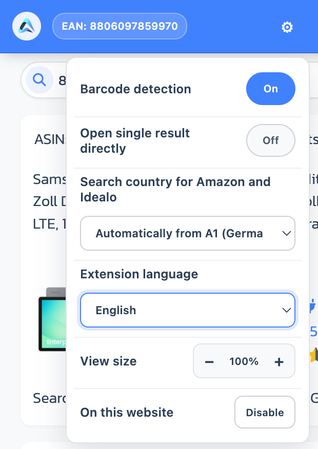 Settings menu of the A1 Analyzer Chrome Extension