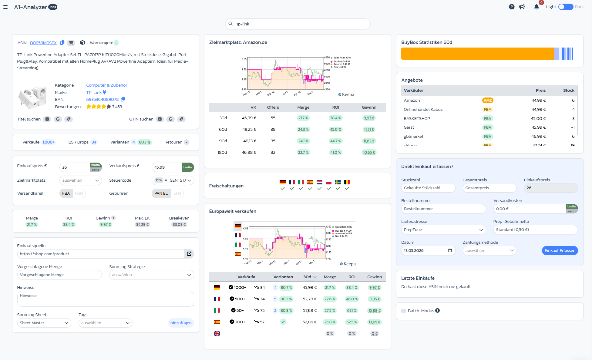 Full Analyzer view with product data, calculation, Keepa, approvals, Buy Box, sell-Europe-wide and record-purchase block