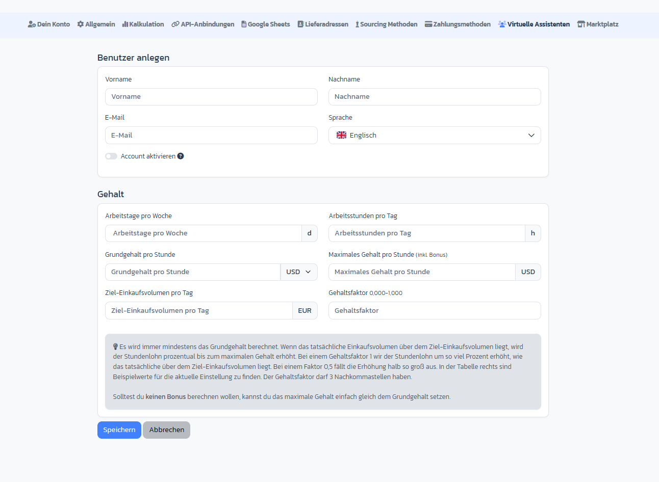 Basic data form for a new VA