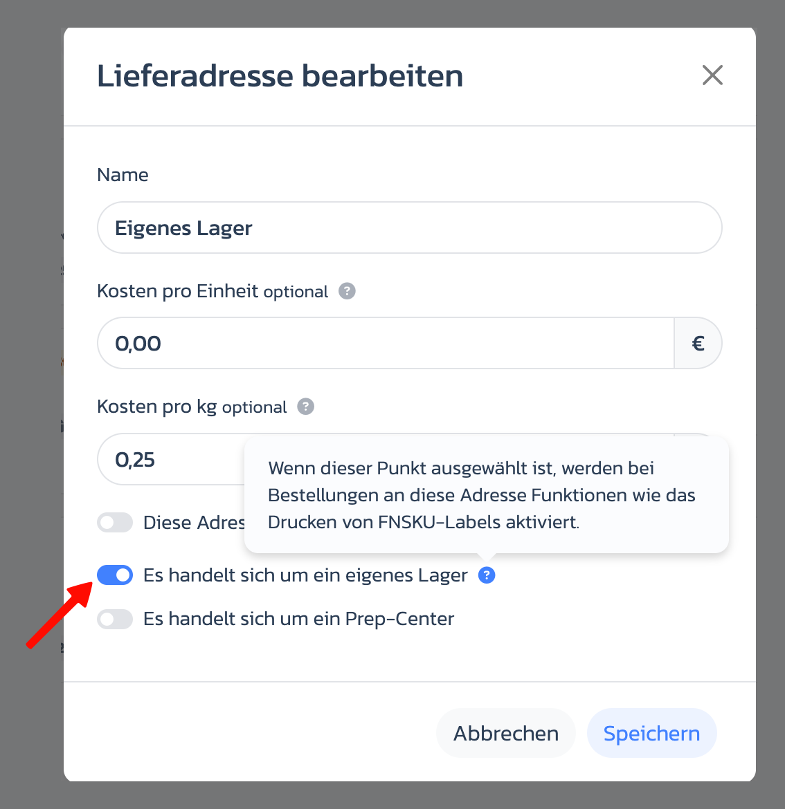 Lieferadresse als eigenes Lager markieren