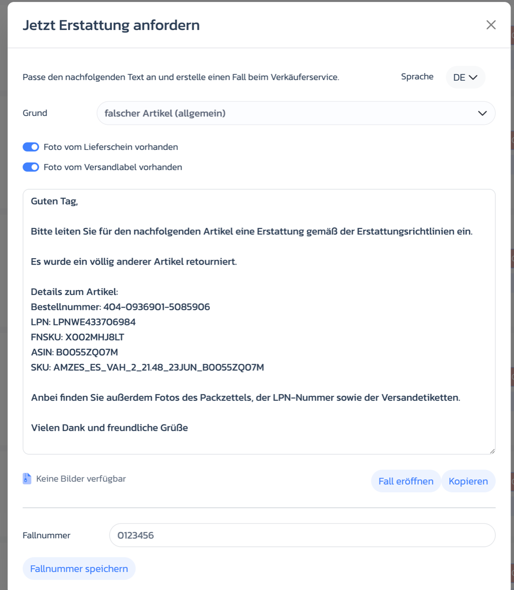 Amazon-Fall vorbereiten und Fallnummer speichern