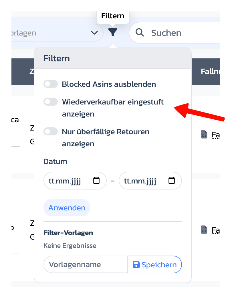 Wiederverkaufbar eingestufte Rücksendungen anzeigen