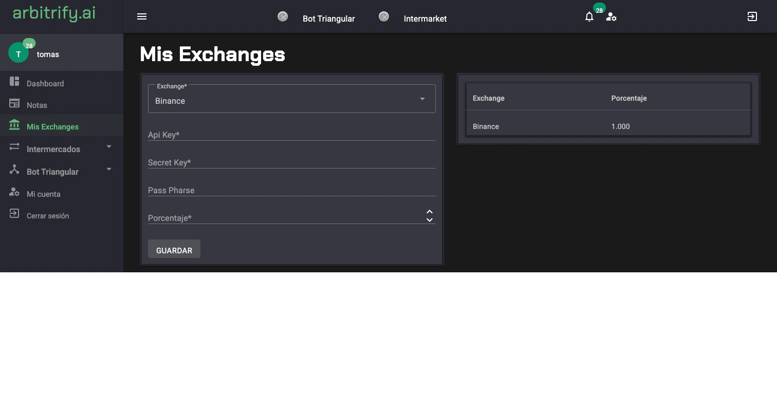 Pantalla Mis Exchanges