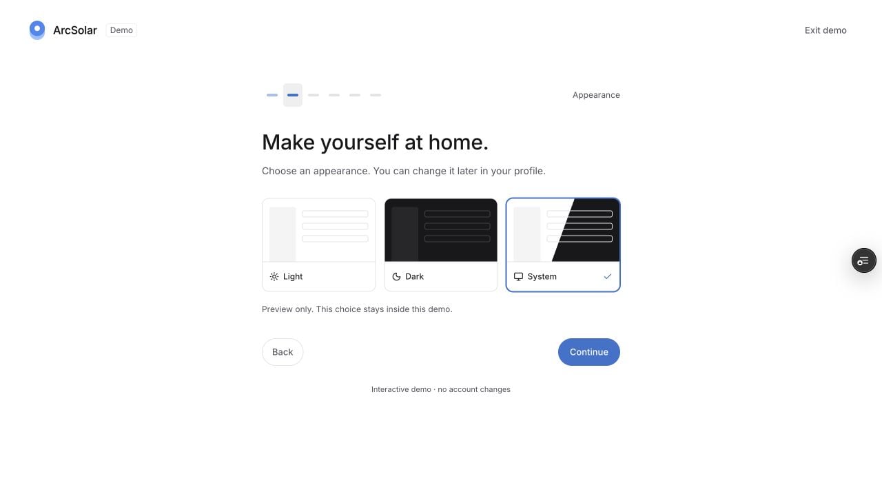 The Appearance step with System selected in ArcSolar’s fictional workspace introduction.