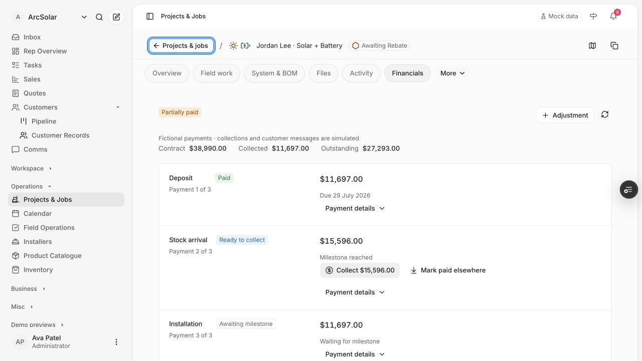 The project Financials tab with subtle payment status badges and milestone amounts.