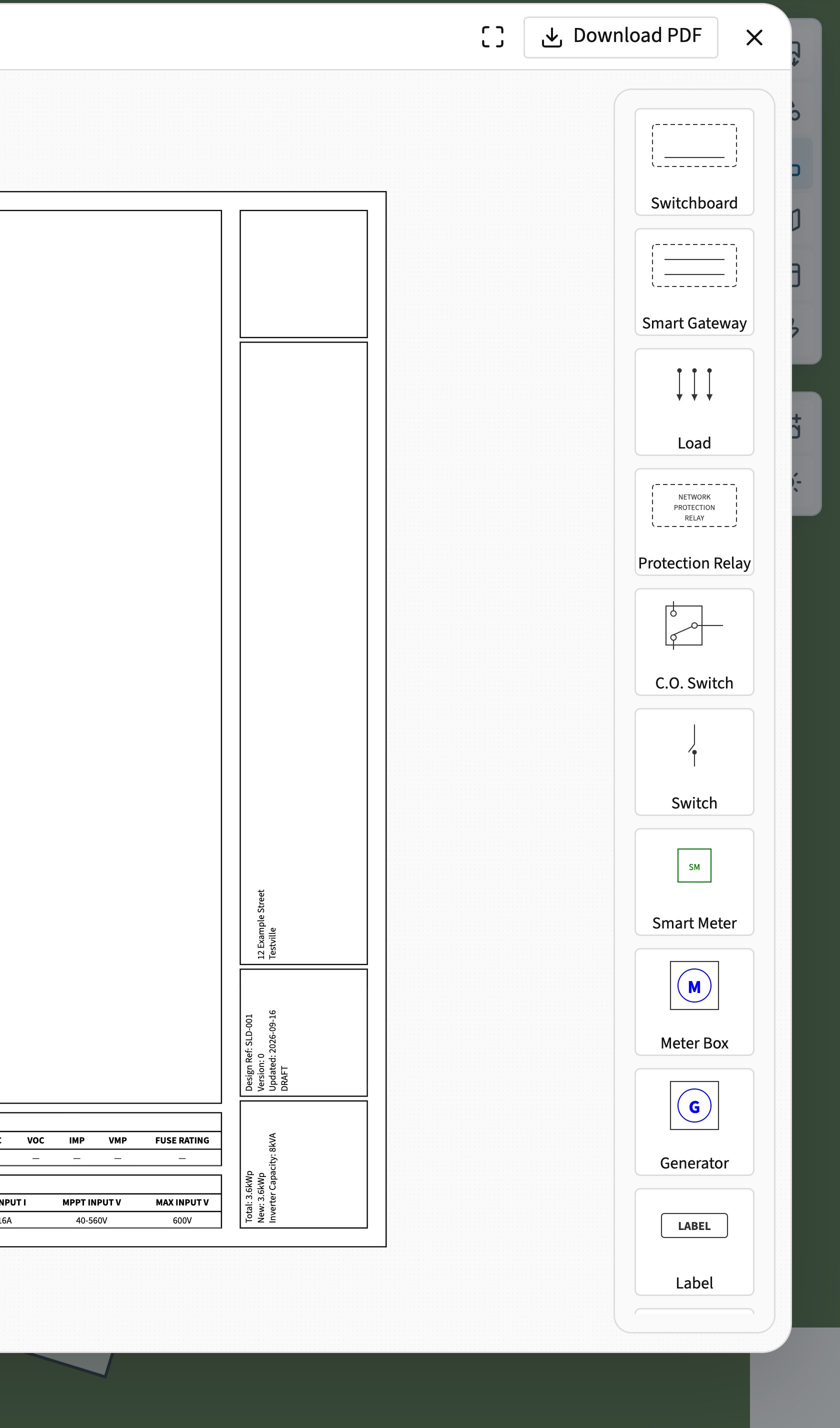 SLD editor with the Components palette at the right listing Switchboard, Smart Gateway, Load, Protection Relay, C.O. Switch, Switch, Smart Meter, Meter Box, Generator and Label, with Download PDF in the header above it and part of the project sheet visible behind on the canvas.
