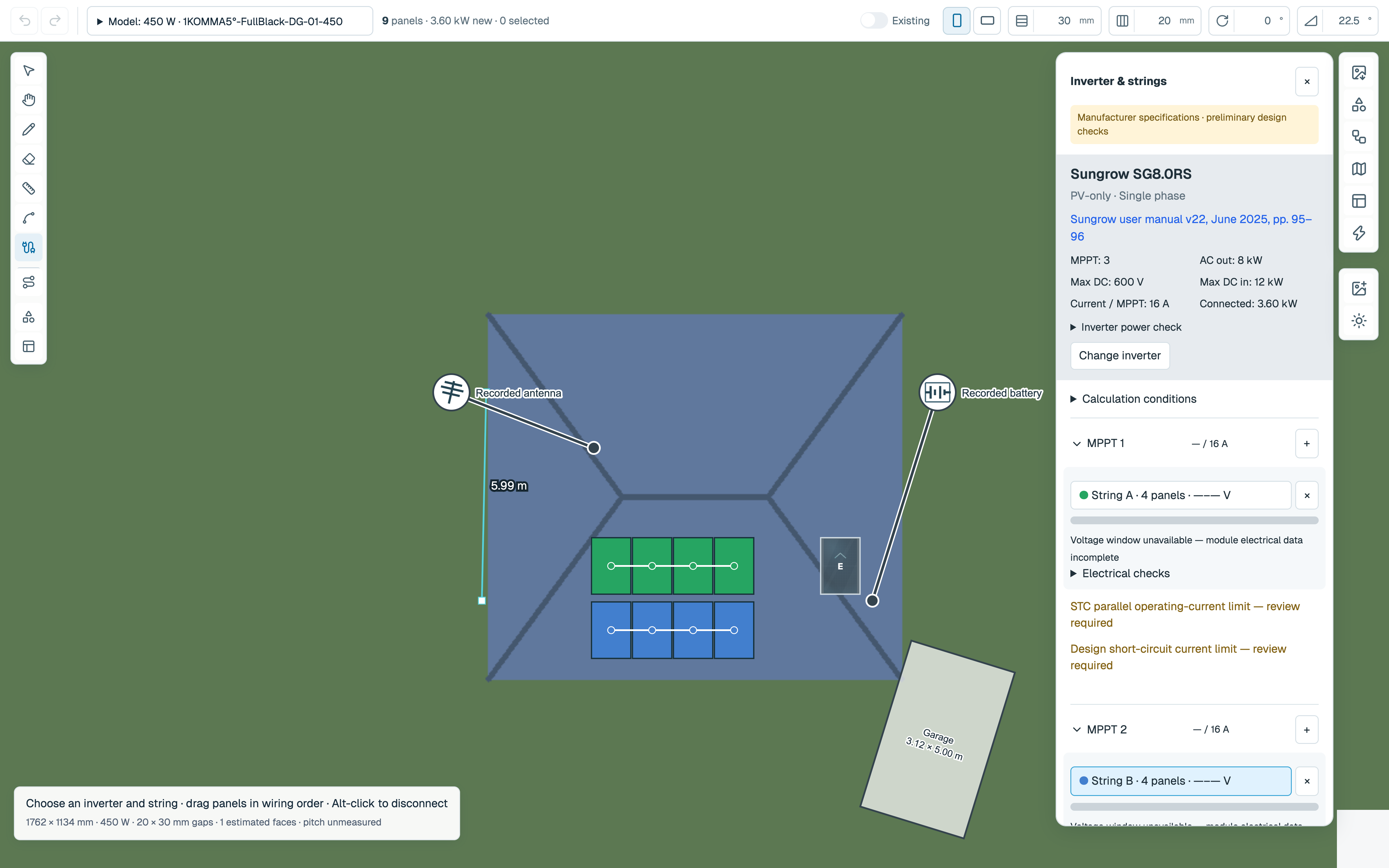 Roof Design canvas with the String Editor open, showing strings drawn across demonstration panels, the inverter and strings panel at the right, and the stringing help text under the canvas.