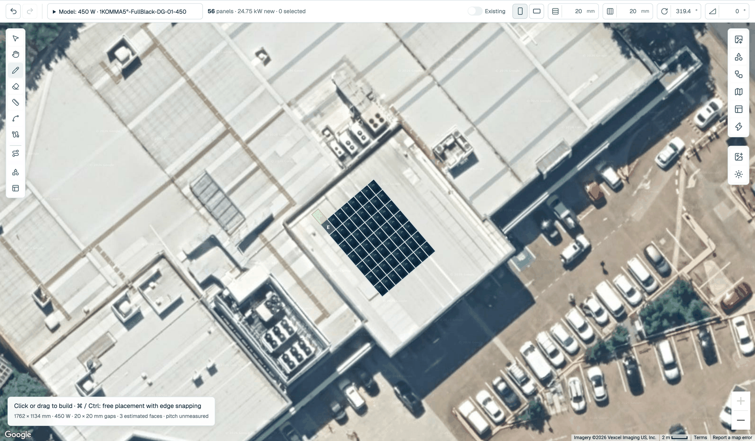 Design canvas in Build mode over Google satellite imagery of a commercial rooftop, with one adjoining panel footprint marked with a plus sign beside a single existing panel badged E, the edit bar above showing the selected model and the counts 56 panels · 24.75 kW new · 0 selected, and the Build-mode help line under the canvas.