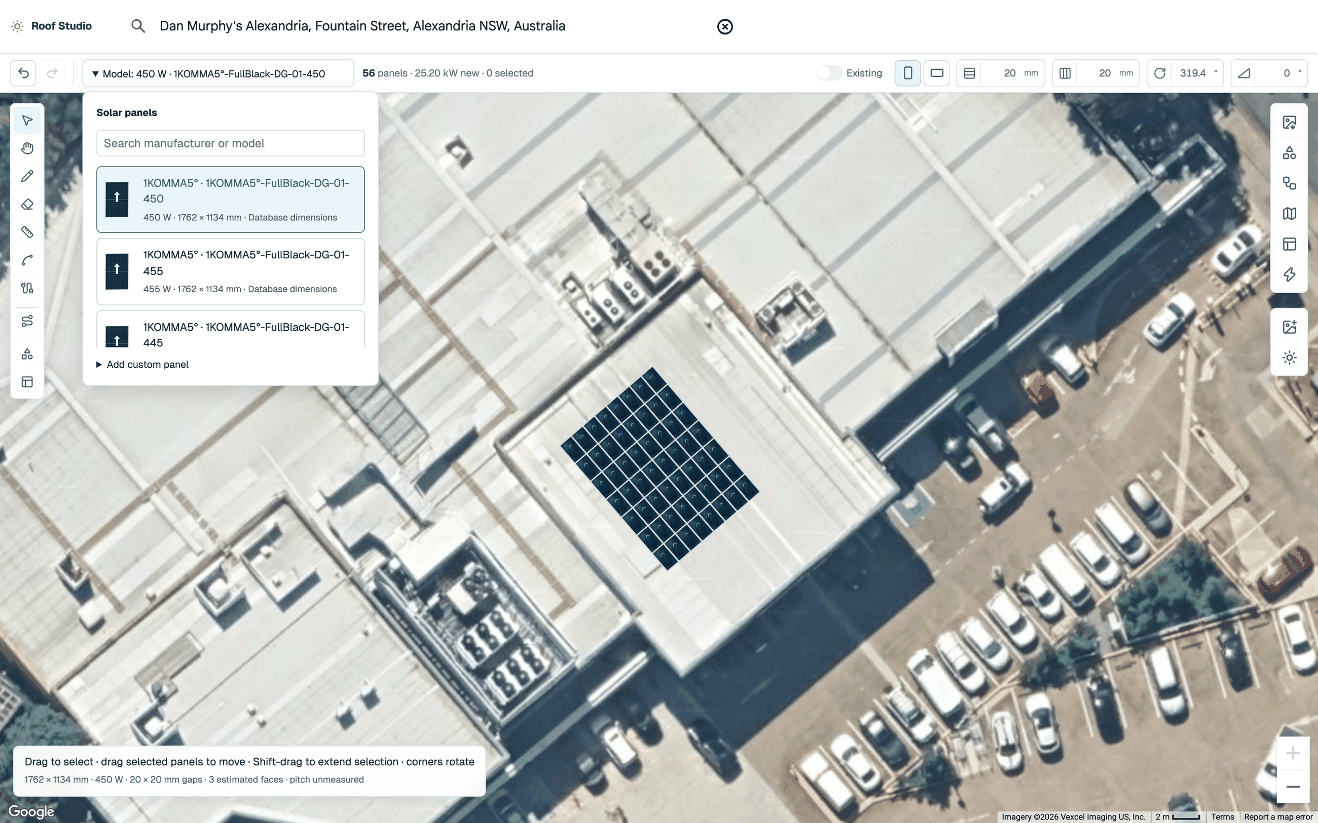 Roof Design editor showing a 56-panel demonstration array (25.20 kW new) on Google satellite imagery of a commercial rooftop, with the Model catalogue open over the canvas, the ten-tool rail at the left, the six design download buttons at the right and Google's imagery attribution along the bottom of the map.