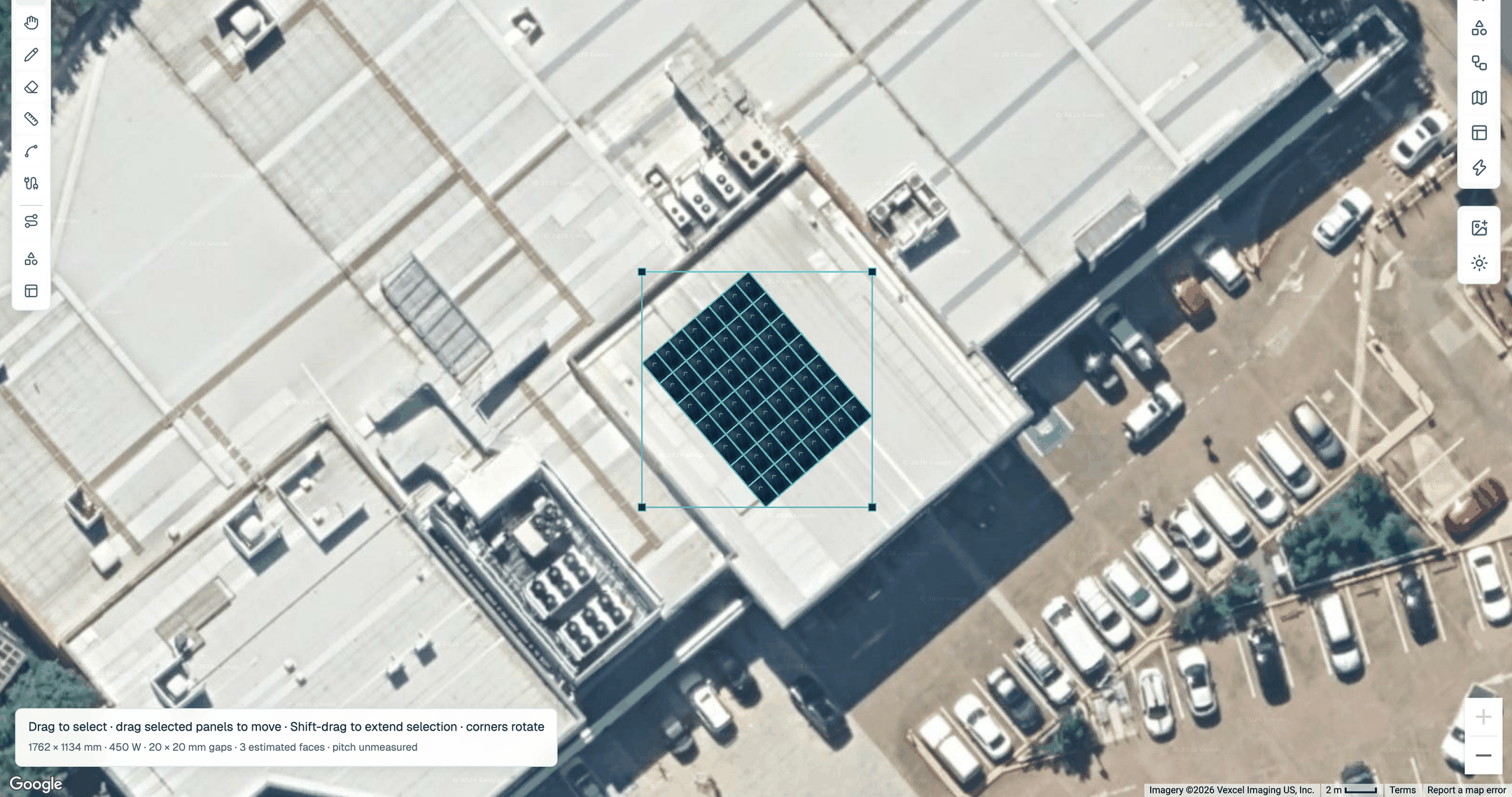 Google satellite image of a commercial rooftop with a demonstration panel array placed on it and the canvas status line reading 1762 × 1134 mm · 450 W · 20 × 20 mm gaps · 3 estimated faces · pitch unmeasured.