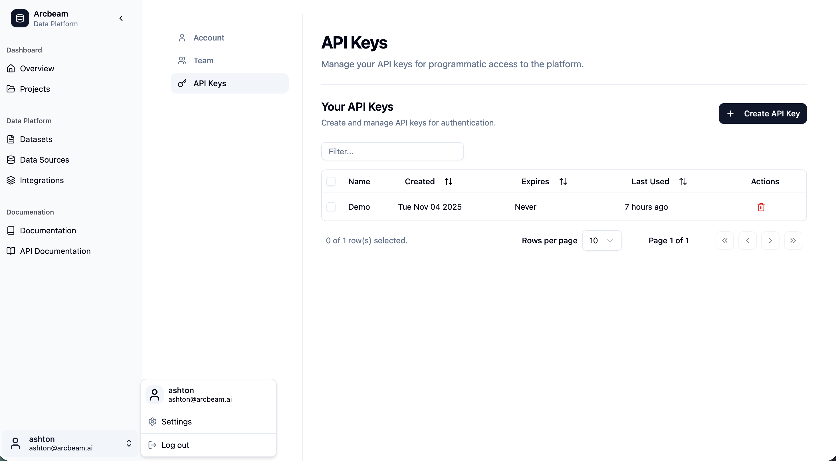 API key generation screen