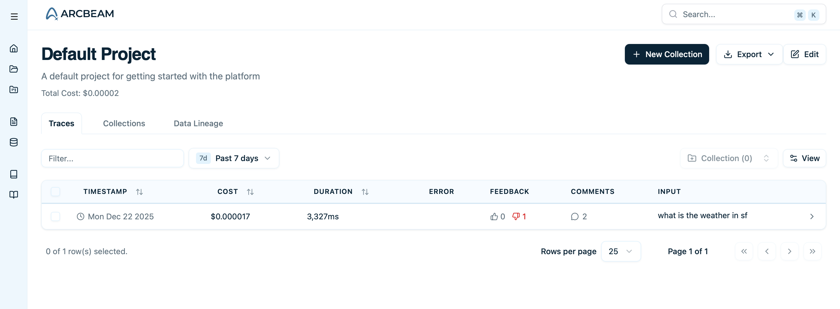 Default project page showing a list of traces