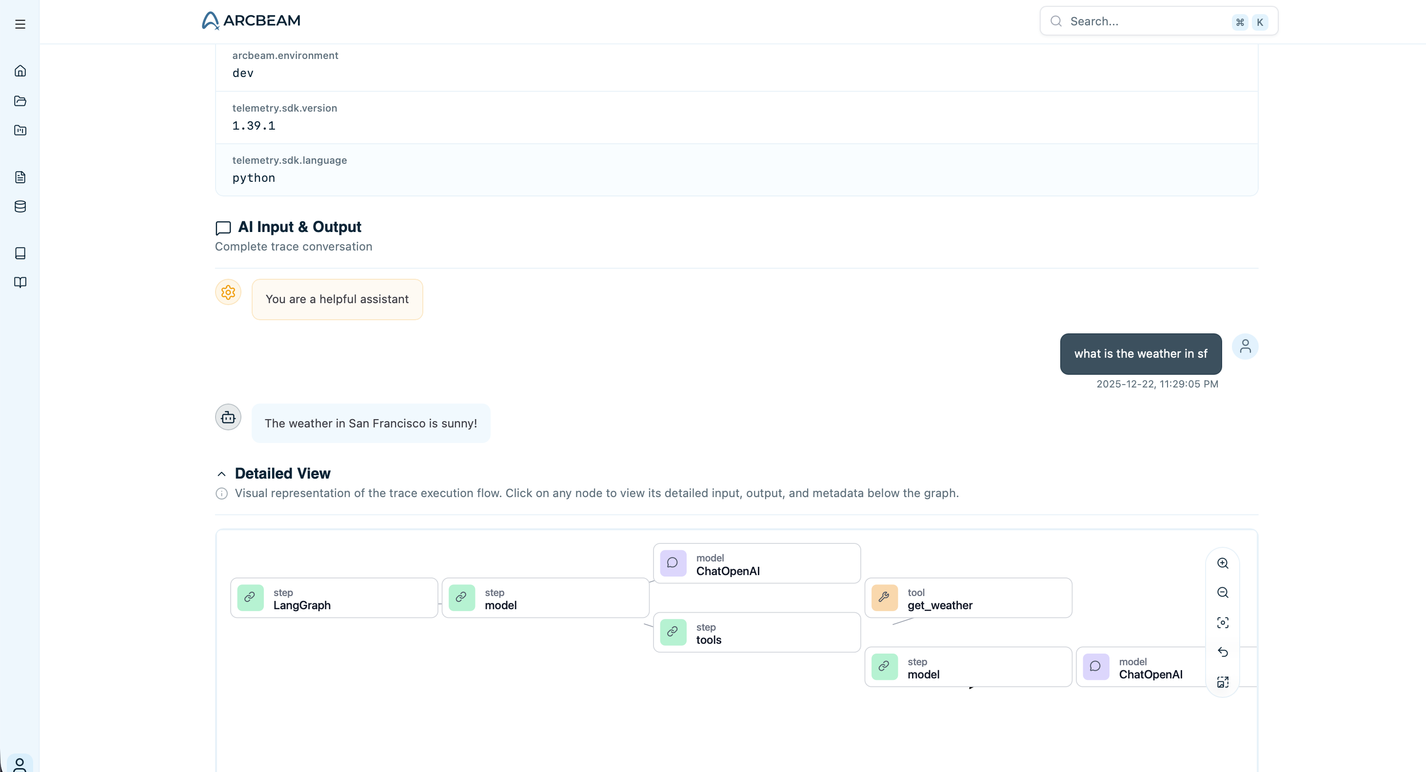 Trace details page showing execution steps, timing, and costs