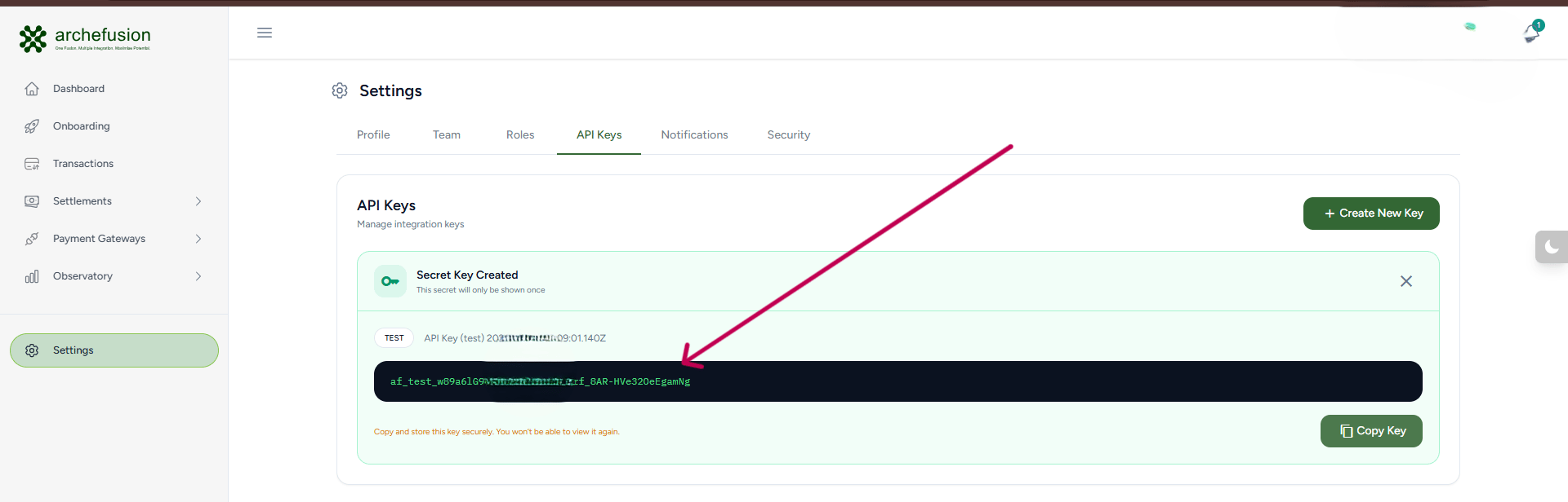 Archefusion API Key page
