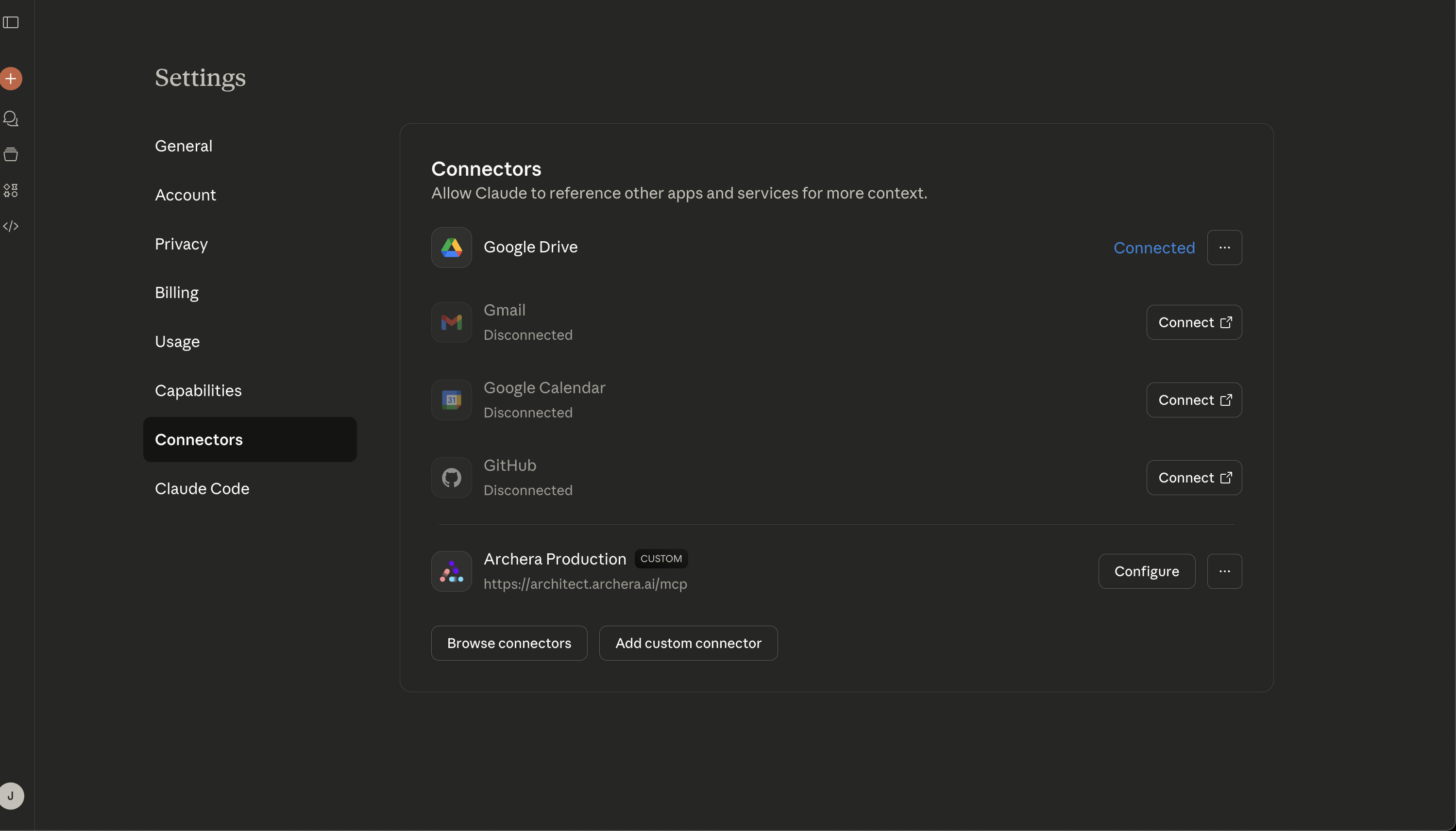 Claude Connectors Settings