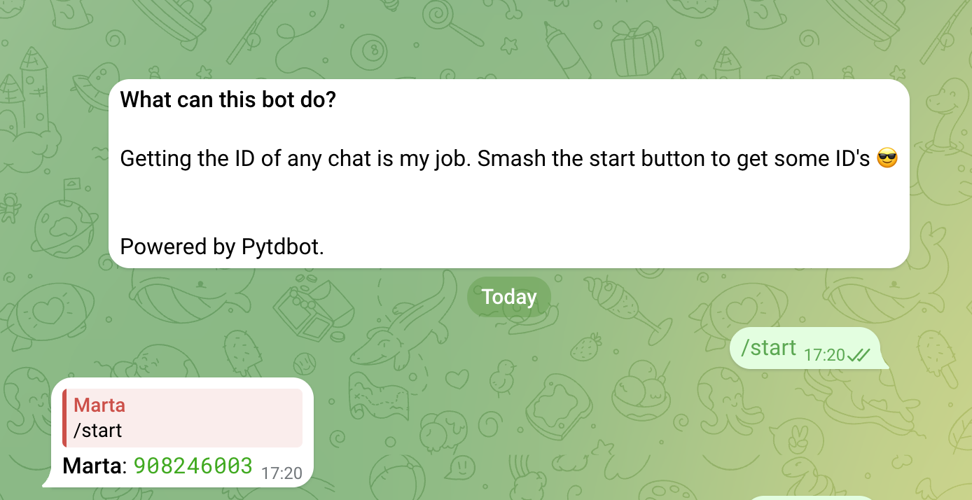WhatChatIDBot example showing Chat ID