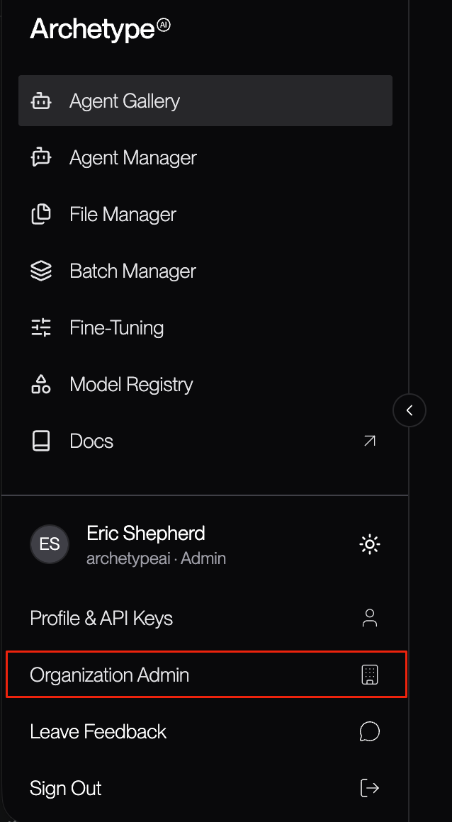 Developer Console sidebar for organization administrators