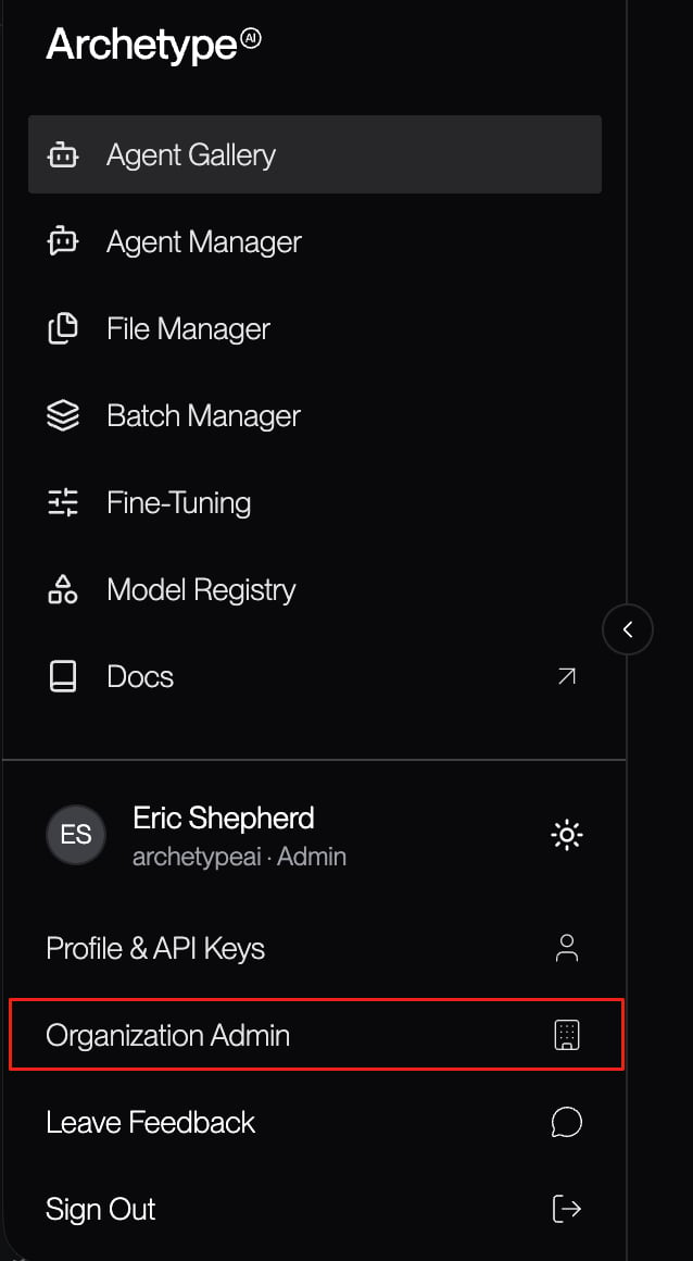 Developer Console sidebar for organization administrators