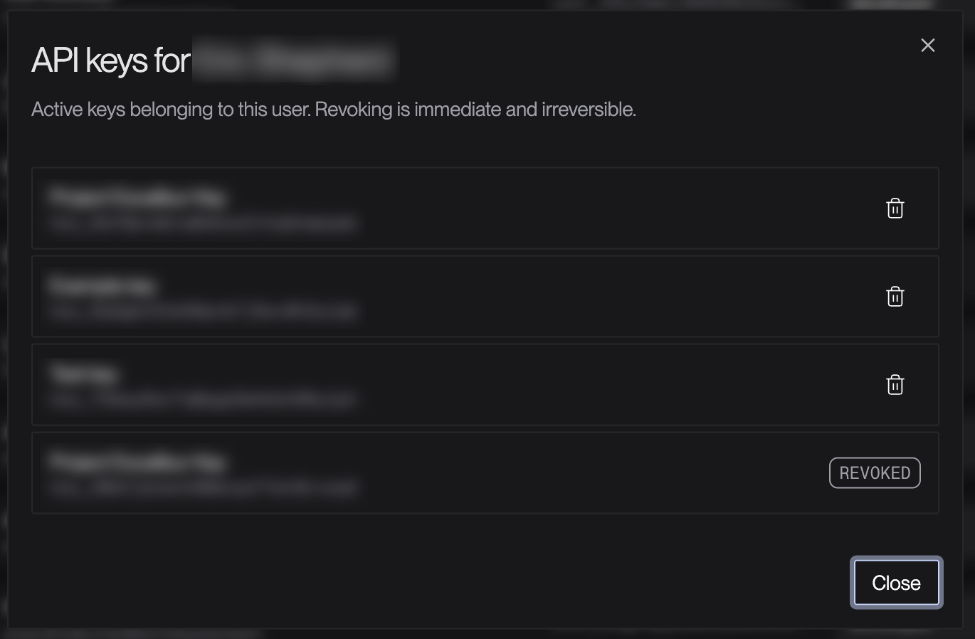 API keys for user panel
