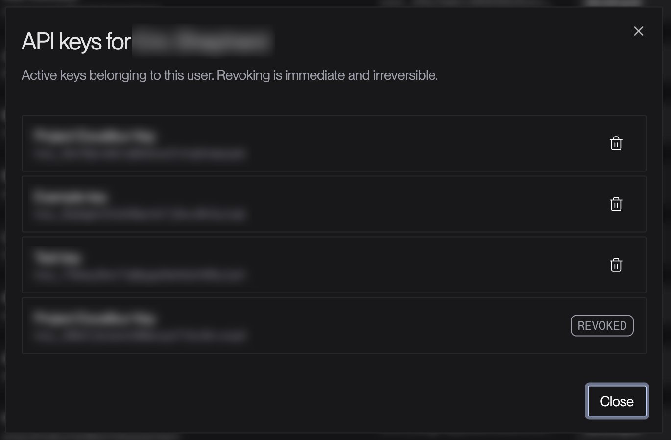 API keys for user panel