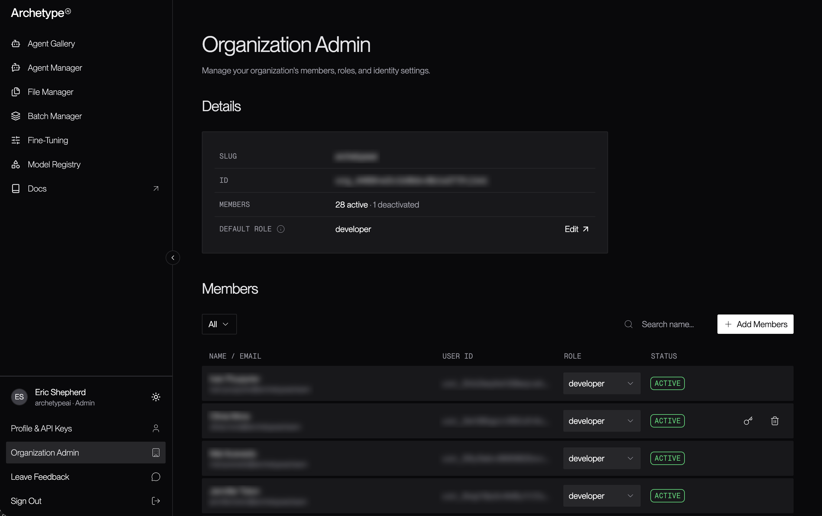 The main Organization Admin page