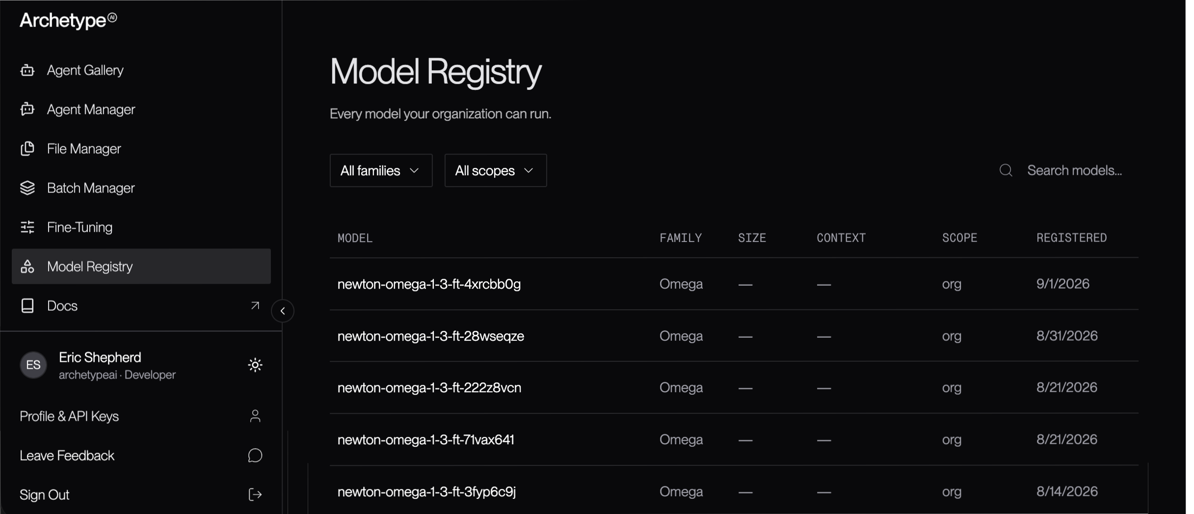 The Model Registry page