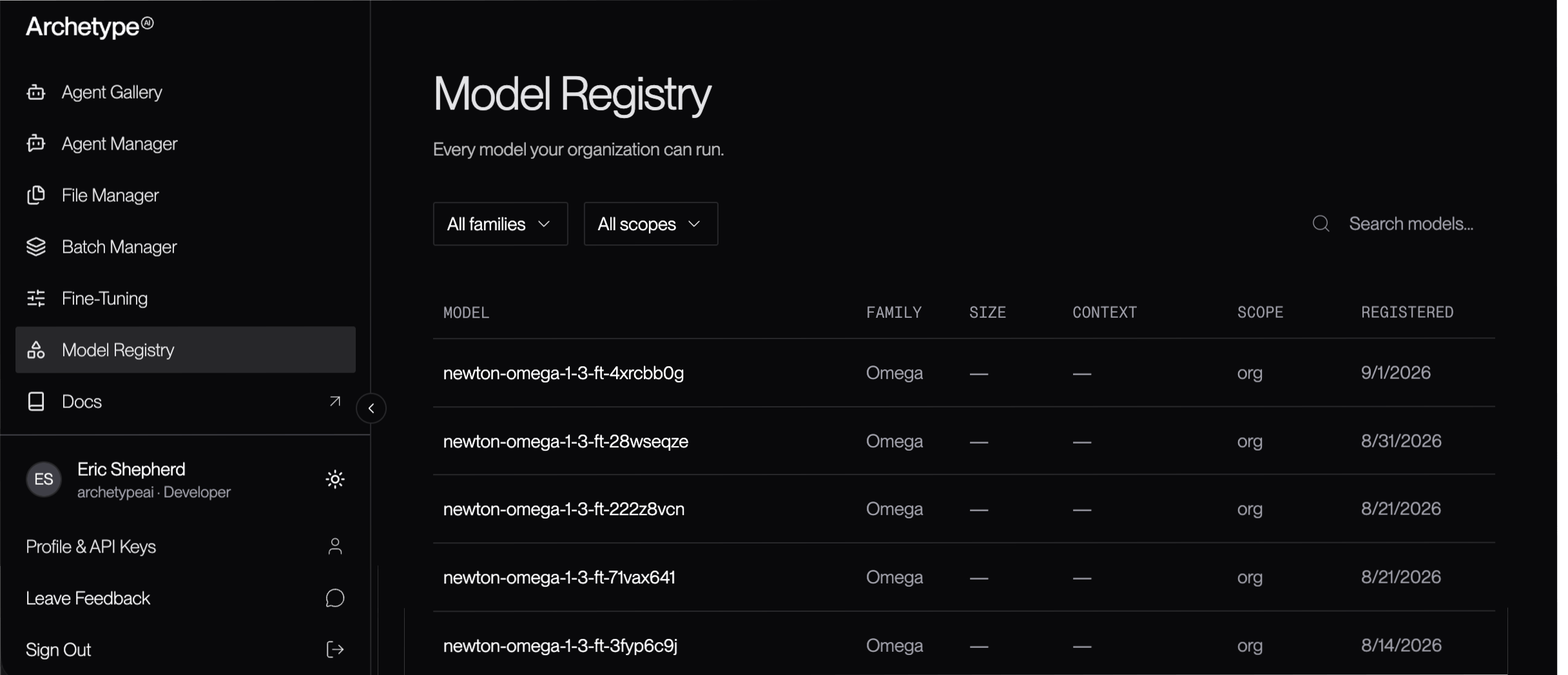The Model Registry page