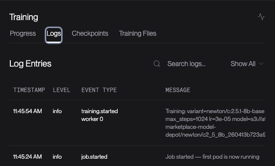 Fine-tuning job logs